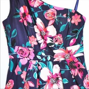 Eliza J. Navy and Pink Floral One-Shoulder Sheath